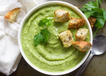 Herbed Fresh Pea Soup with Garlic Croutons