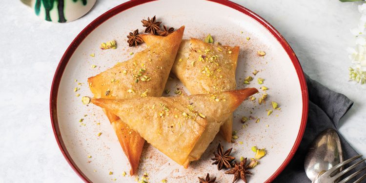Vegan Pear, Pistachio, and Cardamom Dessert Samosas