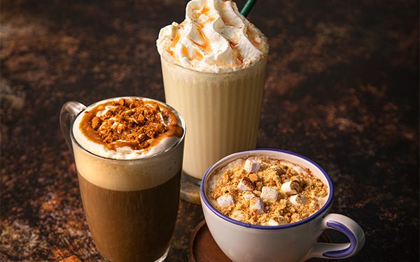 S’mores hot chocolate, Biscoff latte and maple apple frappé