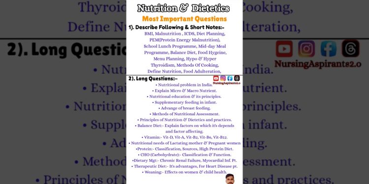 Nutrition & Dietetics Most Important Questions | Post Basic BSc Nursing 1st Year | VVI Questions