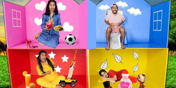 Living in 4 Colour House for 24 Hours | Pink,Blue,Yellow,Red Color House