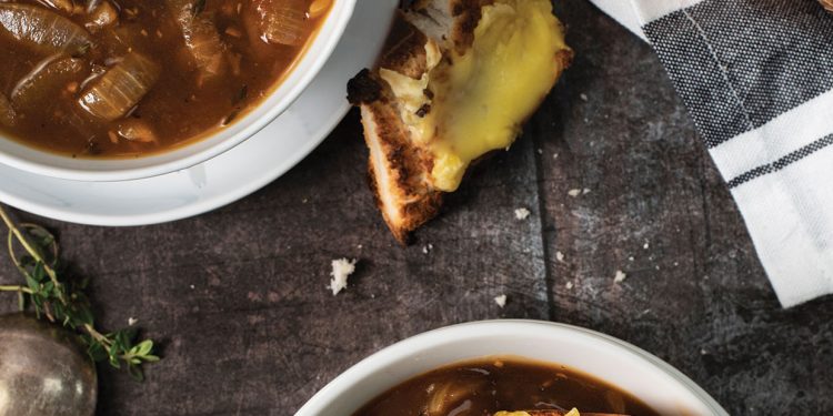 Vegan French Onion Soup with Cheesy Croutons