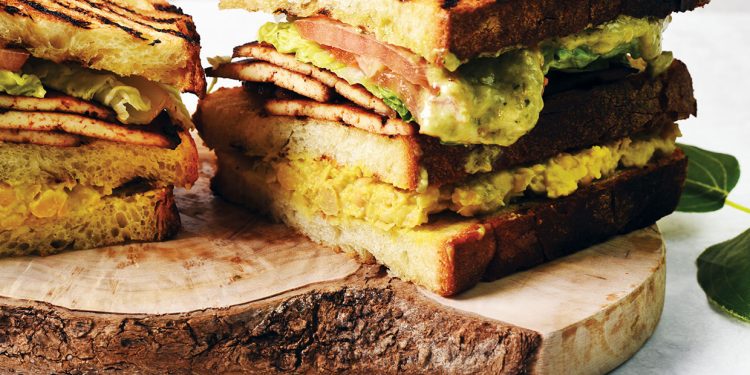 Vegan Club Sandwich with Smoked Tofu ‘Bacon’ and Pesto Mayo