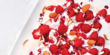 Vegan Raspberry, Almond and Rose Pavlova Traybake