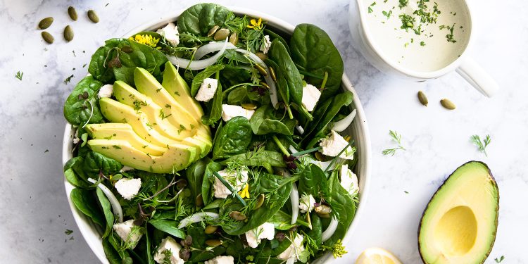 Avocado Spinach Salad with Pumpkin Seed Dressing