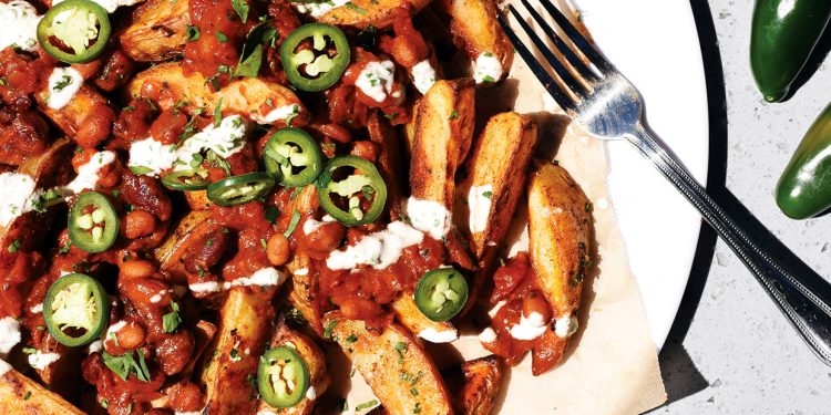 Vegan Loaded Potato Wedges with Mixed Bean Chilli