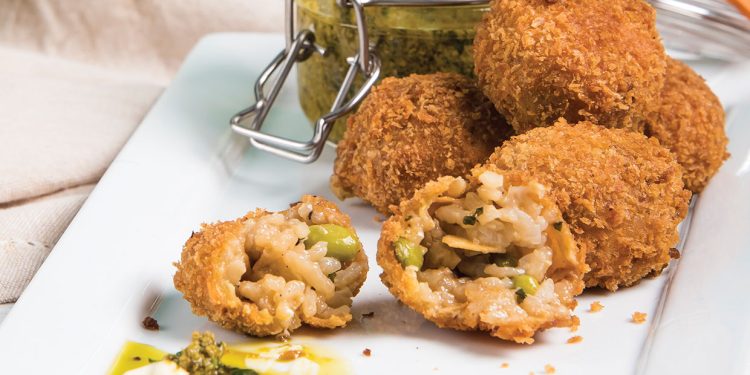Vegan Arancini with Broad Beans, Peas and Coconut ‘Bacon’