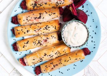 Vegan Beetroot, Chickpea and Parsley Straws with Tahini Dip
