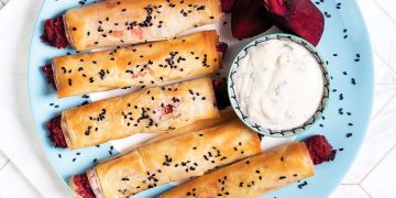 Vegan Beetroot, Chickpea and Parsley Straws with Tahini Dip