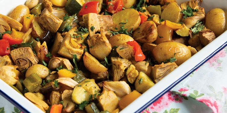 Vegan Curried Vegetable and Jackfruit Traybake