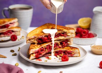 Vegan French Toast Stack Stuffed with Raspberry & Pistachio