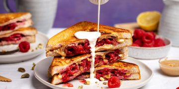Vegan French Toast Stack Stuffed with Raspberry & Pistachio